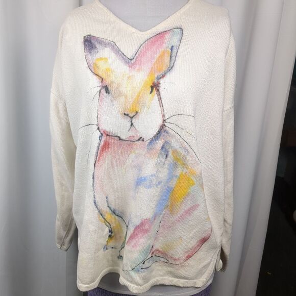 Vtg Diane Wat Design Handpainted Sweater Bunny Rabbit Shirt Size Small Med - Picture 13 of 16